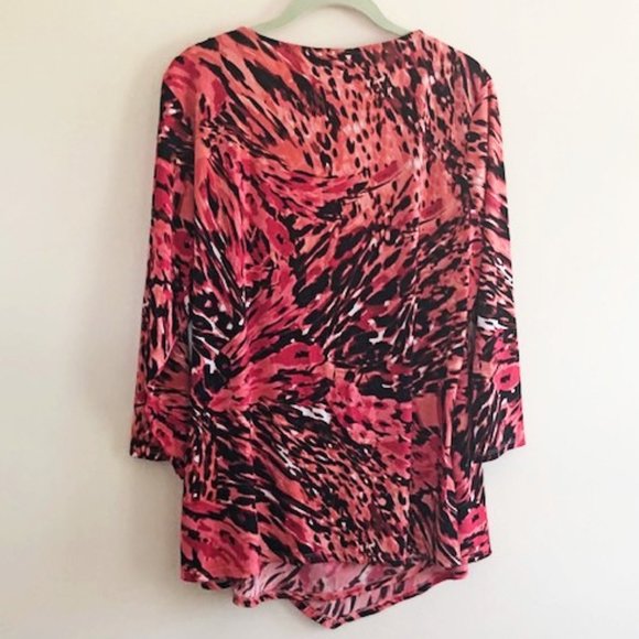 Jennifer Lopez Plus 1X Wrap Animal Print Coral Fuchsia Ruched Surplice Blouse - Picture 5 of 16
